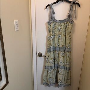 By the River - Floral Tiered Sundress with Striped Accents - Light Green